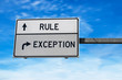 © Maria Vonotna - Rule versus exception. White two street signs with arrow on metal pole. Directional road. Crossroads Road Sign, Two Arrow. Blue sky background.
