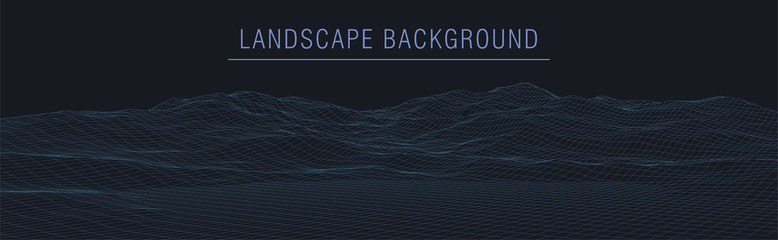 Wireframe 3D landscape mountains. Wireframe landscape wire. 3d landscape. Digital retro landscape cyber surface. Vector illustration.