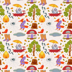 Autumn seamless background with cute design. Hand made pattern.