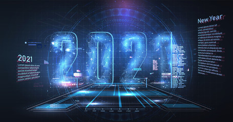 Sticker - Modern futuristic technology template for 2021. New year 2021 in style HUD,GUI, UX. Futuristic background for your design.Technology background. Digital data visualization. Hi-tech concept innovation