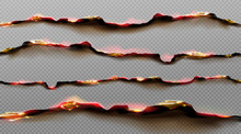 Burn Paper Borders, Burnt Page With Smoldering Fire On Charred Uneven Edges, Parchment Sheets In Flame. Burned, Torn Or Ripped Frame Isolated On Transparent Background. Realistic 3d Vector Objects Set