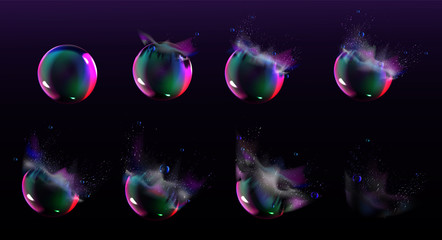 Poster - soap bubble burst sprites for game or animation. vector storyboard of realistic water sphere explosi