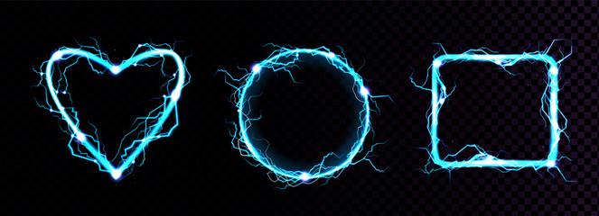 Poster - Electric lightning frames in shape of circle, heart and square. Digital glowing neon borders. Vector realistic set of blue sparking discharge isolated on transparent background