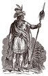 Metacom King Philip, historic Native American Wampanoag chief in full body view, holding spear and peace pipe, after antique engraving