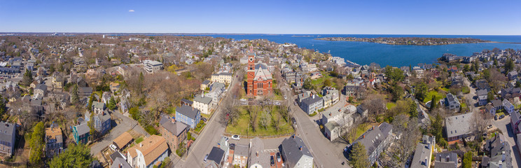 Abbott Hall panorama, built in 1876, is located at 188 Washington Street and now is town hall of Marblehead, Massachusetts MA, USA. 