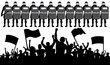 Crowd of protesters with flags against the police. Silhouette vector illustration