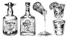 Tequila Bottles And Salt Shaker. Glass Shots With Alcoholic Drink And Lime. Engraved Hand Drawn Vintage Sketch. Woodcut Style. Vector Illustration For Menu Or Poster.