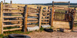Old wooden corral with squeeze chute and fencing on a working farm near Denver on a late summer afternoon