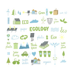 set of icons and illustrations on the theme of ecology, green energy and waste recycling; vector ill