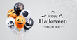 © alexandertrou - Happy halloween banner design. Halloween background with a bunch of helium balloons and spooky spiderweb in the corner. Use for party invite, greeting card, sales announcement. Vector illustration.