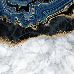 Wall Mural - abstract background, blue agate with golden veins, white and black marble, fake painted artificial s