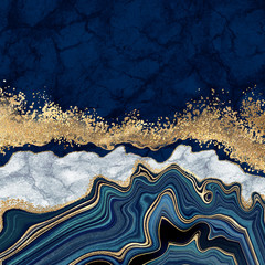 Wall Mural - abstract background, blue agate with golden veins, white marble, fake painted artificial stone textu