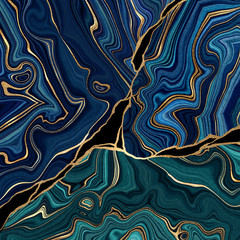 Wall Mural - abstract modern background, blue green marble mosaic with golden veins, japanese kintsugi technique,
