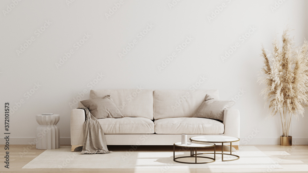 Scandinavian style living room interior mock up, modern living room interior background, beige sofa and pampas grass, 3d rendering - obrazy, fototapety, plakaty 
