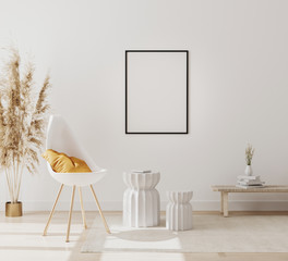 Wall Mural - blank vertical picture frame mockup in modern interior background with empty white wall, chair and p