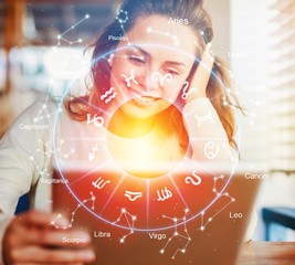horoscope astrology zodiac illustration with young woman