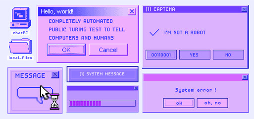 Old user interface elements, retro message box with buttons. Vaporwave and retrowave style aesthetics.