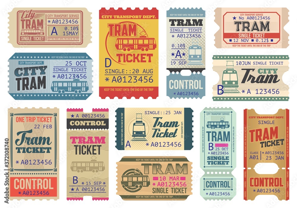 Vintage tram tickets isolated vector templates, transportation retro pass cards, trip paper coupons with perforated cut lines. Boarding tram single ticket control with date, city transport access set - obrazy, fototapety, plakaty 