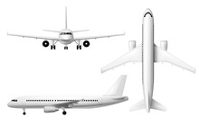 Plane Or Airplane, Realistic Aircraft Or Passenger Aeroplane, Vector 3D Model Isolated Mockup. White Blank Airplane In Flight, Front, Top And Side View, Airline Jet With Engines, Civil Aviation