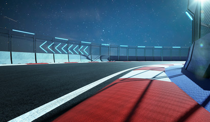 Wall Mural - Racetrack with railing and neon light arrow sign, night scene. 3d rendering