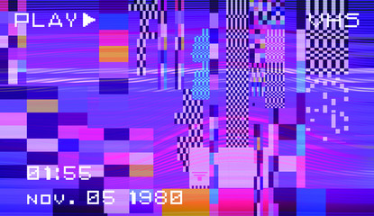 Poster - Abstract pixelated background with flickers and datamoshing effect. Vaporwave and cyberpunk style aesthetics.