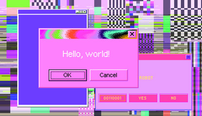 Poster - Old user interface elements, retro message box with buttons. Vaporwave and retrowave style aesthetics.