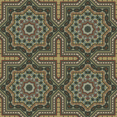 Wall Mural - Subtle victorian majolica tile seamless ornament. Ethnic structure vector motif. Textile print design. Stylized spanish mayolica tilework endless pattern. Interior decor template.