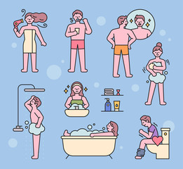Wall Mural - various people characters in the bathroom. flat design style minimal vector illustration.