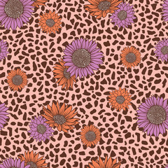 Wall Mural - seamless pattern leopard animal abstract geometric with pink coral sunflower print pattern design