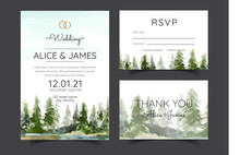 Wedding Invitation With Mountain View Watercolor Background