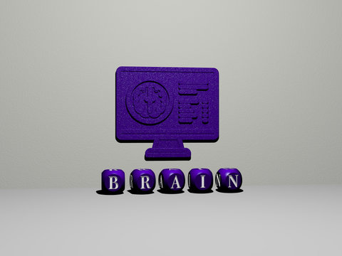 3D illustration of BRAIN graphics and text made by metallic dice letters for the related meanings of the concept and presentations for background and human