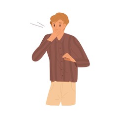 Poster - Shocked guy closed mouth by hand with surprised face expression vector flat illustration. Worried man feeling stress and amazed emotion isolated. Something went wrong. Misunderstanding or mistake