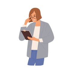 Poster - Angry businesswoman feeling nervous holding clipboard vector flat illustration. Irritated female boss looking on mistake at documents isolated. Woman office worker having problem or misunderstanding