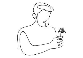 Wall Mural - One continuous line drawing of a man holding beautiful flower. Handsome male giving rose flower to special girl. Symbol of love in romantic moment hand drawn minimalist design concept