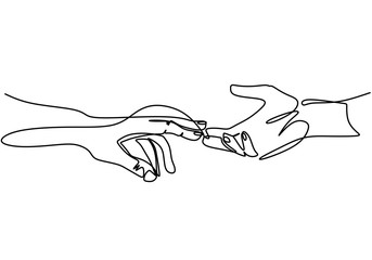 Wall Mural - Continuous one single line man and woman hands holding together. Expression of love with holding hands each other isolate on white background. Romantic concept minimalist style. Vector illustration