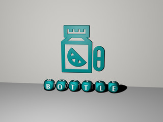 Leinwandbilder - bottle 3D icon on the wall and text of cubic alphabets on the floor, 3D illustration for background and glass