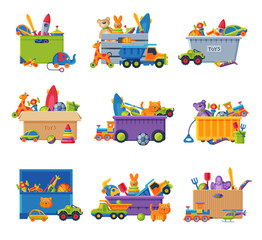 Wall Mural - Collection of Boxes with Various Toys, Plastic and Cardboard Containers with Baby Colorful Playthings Vector Illustration