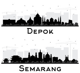 Depok and Semarang Indonesia City Skyline Silhouette with Black Buildings Isolated on White.