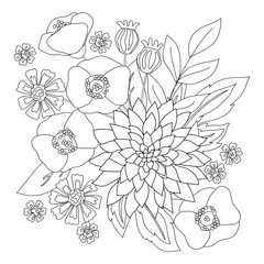 Wall Mural - vector flower daisy poppy dahlia bouquet card printable coloring page outline illustration