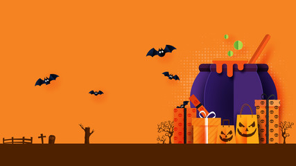 Aufkleber - Happy Halloween banner or sale background paper cut style.Witcher cauldron with gift box and shopping bag.Vector illustration.