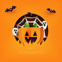 Aufkleber - Happy Halloween banner background template paper art style.Paper pumpkin with flying bat,ghost and spider web.Vector illustration.