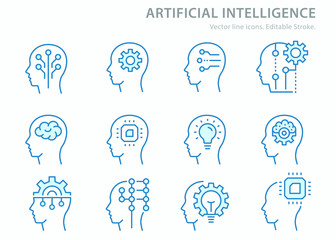 Aufkleber - artificial intelligence line icons set. blue vector illustration. editable stroke.