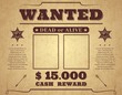 Wanted poster. Vintage western poster with empty place for crime photos, wild west criminal search banner with sheriff star, vector frame for flyer, people search template with copy space