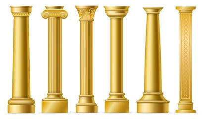 Golden columns. Classic antique gold pillars, roman historical stone column, ancient greece historic architecture facade, marble colonnade vector isolated elements set