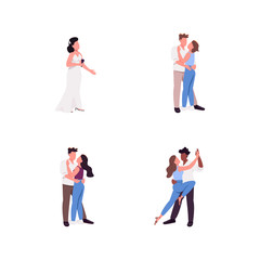 Poster - Couple flat color vector faceless character set. Dance performers. Man hug woman. Concert host. Entertainment people isolated cartoon illustration for web graphic design and animation collection