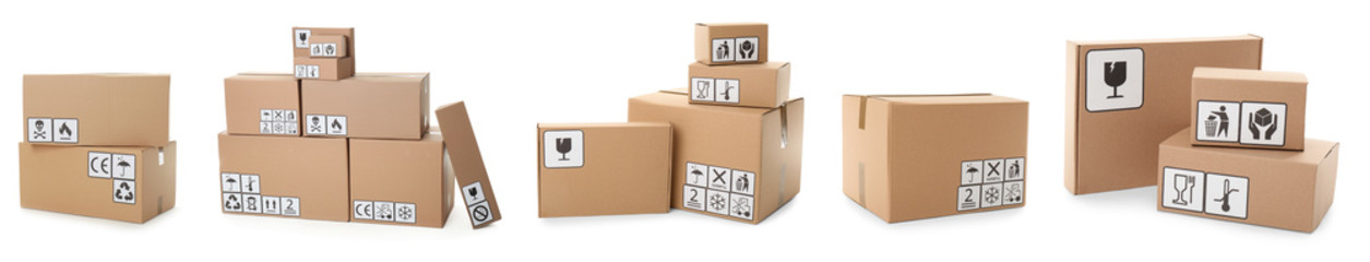 Wall Mural - Set of cardboard boxes with packaging symbols on white background. Banner design