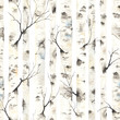 Birch trees with branches, watercolor seamless pattern. Forest illustration of stems on white background, nature template.