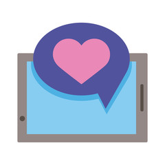 Sticker - smartphone device with heart in speech bubble flat style icon