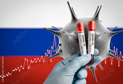 COVID-19 3d render concept: Scientist holding blood sample in test tubes with positive result in front of virus cell, Russia flag and graph of total deaths in Russia since the beginning of the