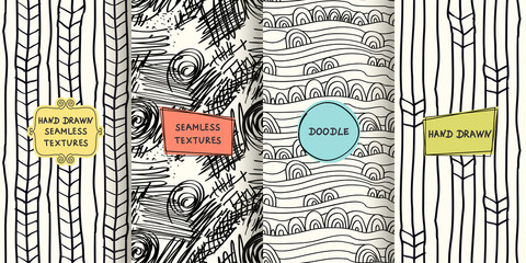Fototapete - Set of seamless hand drawn texture designs for backgrounds, business cards, web design. Doodle pattern with trendy modern colorful labels. vector illustration 